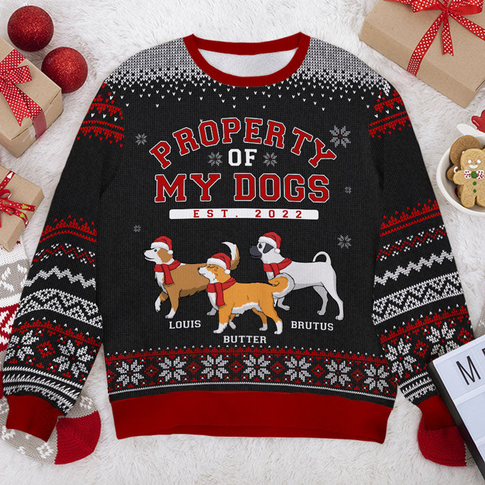 Propriété de mes chiens - Sweat-shirt de Noël unisexe personnalisé, en laine, imprimé intégral - Cadeau pour les amoureux des chiens, des animaux, de Noël