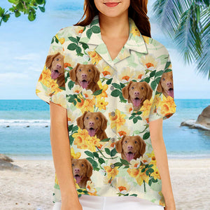 T-shirt hawaïen unisexe personnalisé avec motif fleur et fourrure pour chien et chat - Télécharger une image, visage de chien ou de chat - Cadeau pour les vacances d'été, pour les propriétaires d'animaux et les amoureux des animaux
