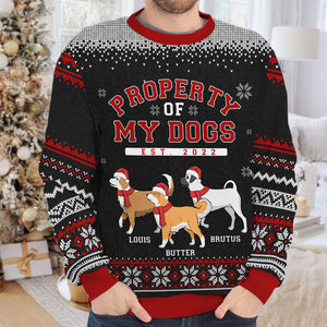 Propriété de mes chiens - Sweat-shirt de Noël unisexe personnalisé, en laine, imprimé intégral - Cadeau pour les amoureux des chiens, des animaux, de Noël