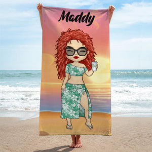 Serviette de plage personnalisée « Vacances d'été » pour couple chibi - Cadeau pour couple, mari et femme