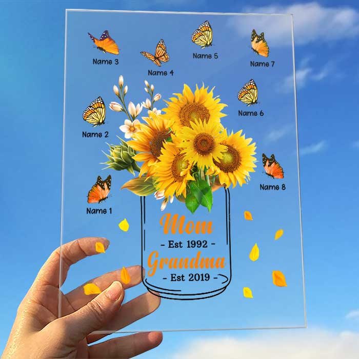 Grand-mère tournesol, maman aime les enfants papillons - Cadeau pour maman, grand-mère - Plaque acrylique personnalisée