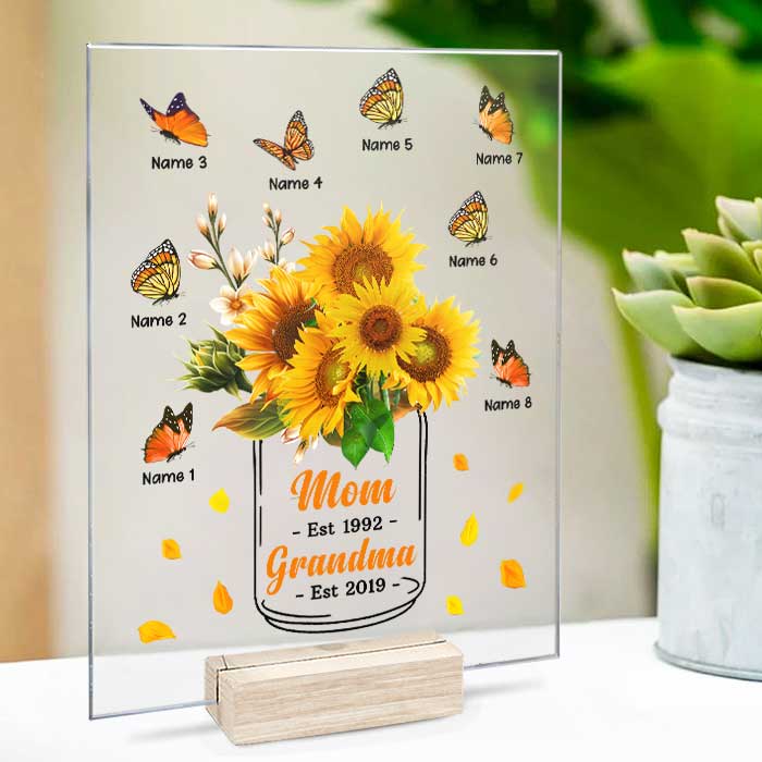 Grand-mère tournesol, maman aime les enfants papillons - Cadeau pour maman, grand-mère - Plaque acrylique personnalisée