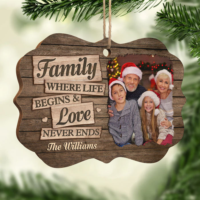 Family Where Love Never Ends - Personalized Custom Benelux Shaped Wood Photo Christmas Ornament - Upload Image, Gift For Family, Christmas Gift