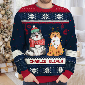 Chats de Noël - Sweat-shirt de Noël unisexe personnalisé, en laine, imprimé intégral - Cadeau pour les amoureux des chats, des animaux, de Noël