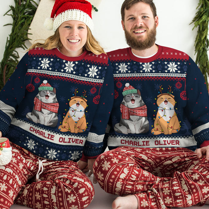 Chats de Noël - Sweat-shirt de Noël unisexe personnalisé, en laine, imprimé intégral - Cadeau pour les amoureux des chats, des animaux, de Noël