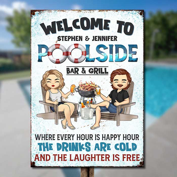 Bienvenue au Poolside Bar &amp; Grill – Plaque métallique personnalisée – Cadeau pour couple, mari et femme