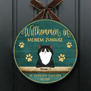 Willkommen In Meinem Zuhause - Lustiges Personalisiertes Katzentürschild, Funny Personalized Cat Door Sign German.