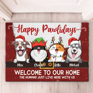 Joyeux Pawlidays, bienvenue chez nous ! Tapis décoratif personnalisé pour chien et chat ! Cadeau de Noël pour les propriétaires et les amoureux des animaux.