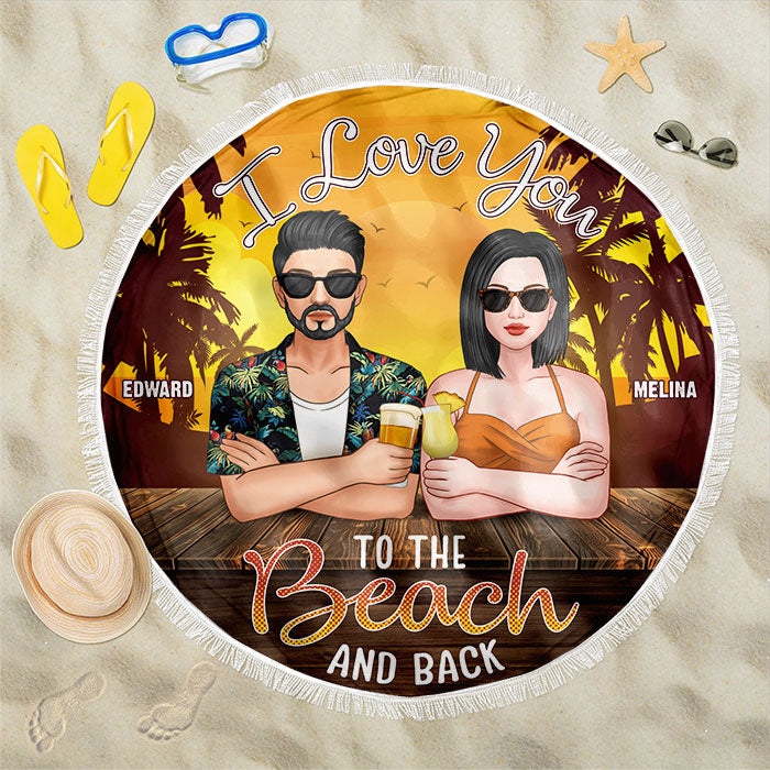Serviette de plage ronde personnalisée « Aller-retour à la plage » – Cadeau pour couple, mari et femme