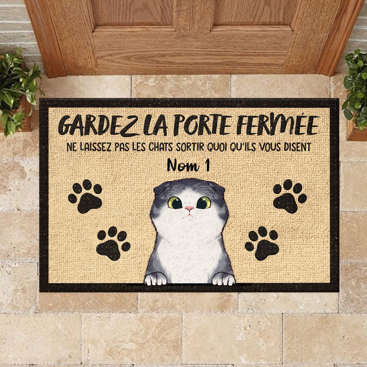 Gardez La Porte Fermée French - Funny Personalized Cat Decorative Mat (WT).