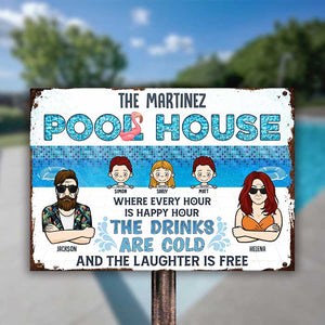Maison familiale avec piscine : le rire est gratuit – Plaque en métal personnalisée – Cadeau pour couple, mari et femme