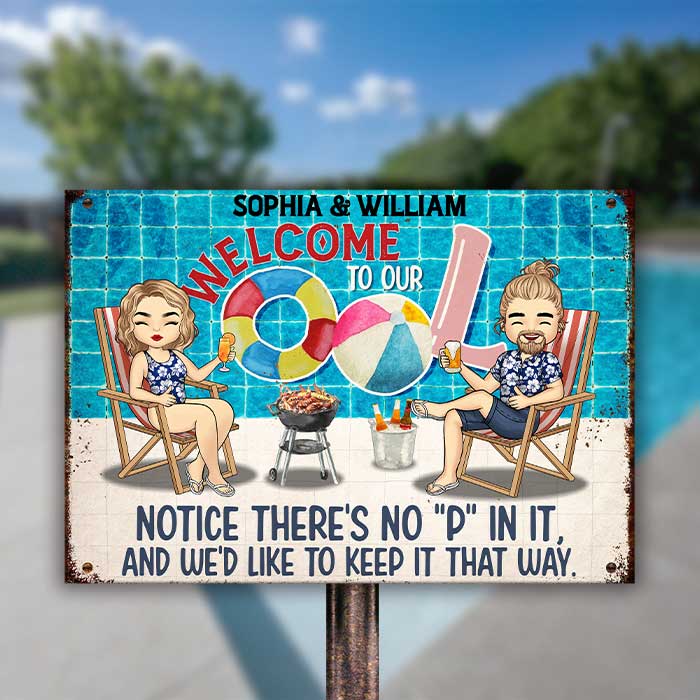 Bienvenue à notre piscine - Plaque métallique personnalisée - Cadeau pour couple, mari et femme