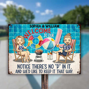 Bienvenue à notre piscine - Plaque métallique personnalisée - Cadeau pour couple, mari et femme
