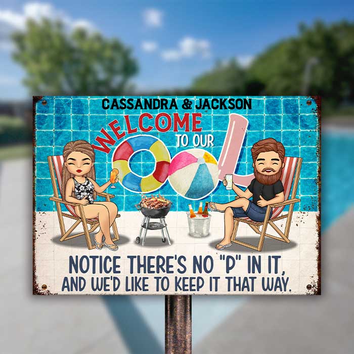 Bienvenue à notre piscine - Plaque métallique personnalisée - Cadeau pour couple, mari et femme