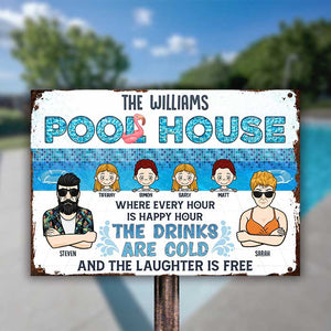 Maison familiale avec piscine : le rire est gratuit – Plaque en métal personnalisée – Cadeau pour couple, mari et femme