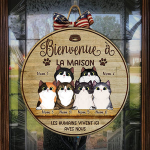 Bienvenue À La Maison - Plaque De Porte Humoristique De Chien À Personnaliser, Funny Personalized Cat Door Sign French.