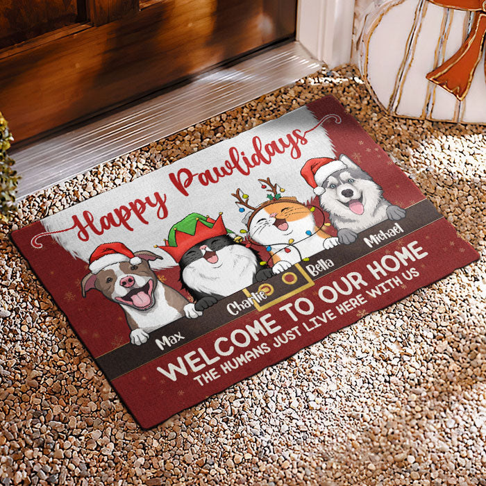 Joyeux Pawlidays, bienvenue chez nous ! Tapis décoratif personnalisé pour chien et chat ! Cadeau de Noël pour les propriétaires et les amoureux des animaux.