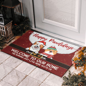 Joyeux Pawlidays, bienvenue chez nous ! Tapis décoratif personnalisé pour chien et chat ! Cadeau de Noël pour les propriétaires et les amoureux des animaux.