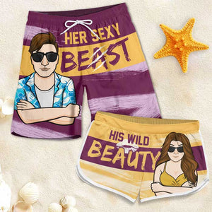 Sa bête sexy, sa beauté sauvage - Short de plage personnalisé pour couple - Cadeau pour couple, mari et femme