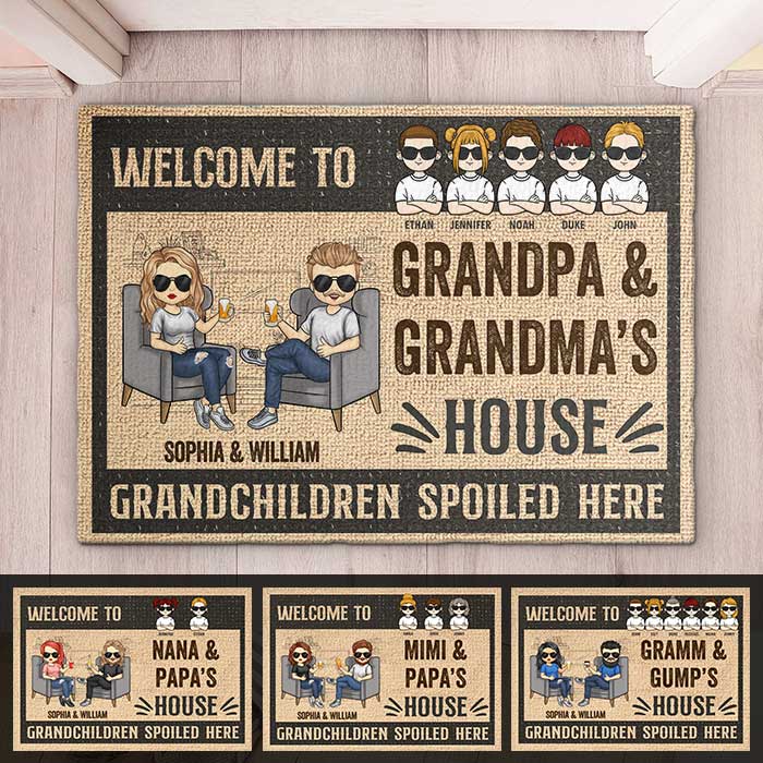 Bienvenue chez nous, petits-enfants gâtés ici - Cadeau pour couples, mari et femme, tapis décoratif personnalisé