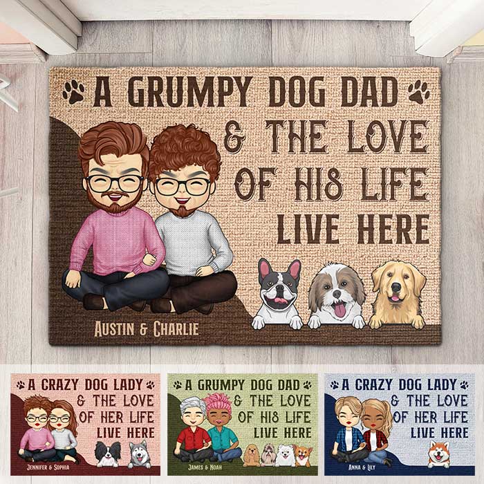 Une folle aux chiens et son amour vivent ici - Tapis décoratif personnalisé - Cadeau pour couple, mari et femme