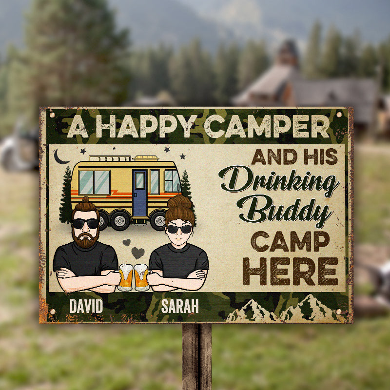 Camping Couple Drinking Buddies - Gift For Camping Couples, Personalized Metal Sign.