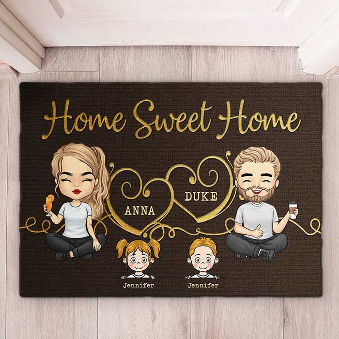 Home Sweet Home With Our Kids - Tapis décoratif personnalisé - Cadeau pour les couples, cadeau pour les amoureux des animaux