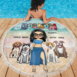 Maman chien, c'est l'heure de la plage ! Serviette de plage ronde personnalisée. Cadeau pour maman chien.