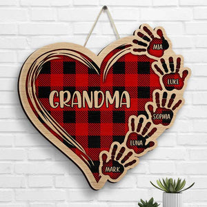 Grandma Plaid Heart And Hand Prints - Gift For Mom, Grandma - Personalized Shaped Wood Sign.