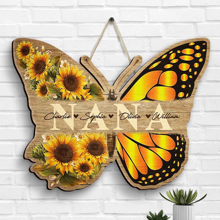 Grandma Butterfly And Kids - Gift For Grandma, Mom - Personalized Shaped Wood Sign.