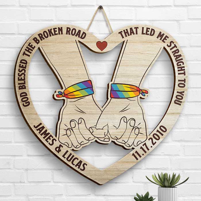 Pinky Promise, From Our First Kiss, LGBTQ+ Couples - Gift For Couples, Husband Wife, Personalized Shaped Wood Sign.