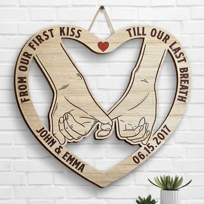 Pinky Promise, From Our First Kiss, LGBTQ+ Couples - Gift For Couples, Husband Wife, Personalized Shaped Wood Sign.