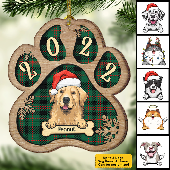 Décoration de Noël personnalisée en bois en forme de patte - Chien, chat et neige - Motif à carreaux Buffalo - Décoration personnalisée et cadeau pour les amoureux des animaux