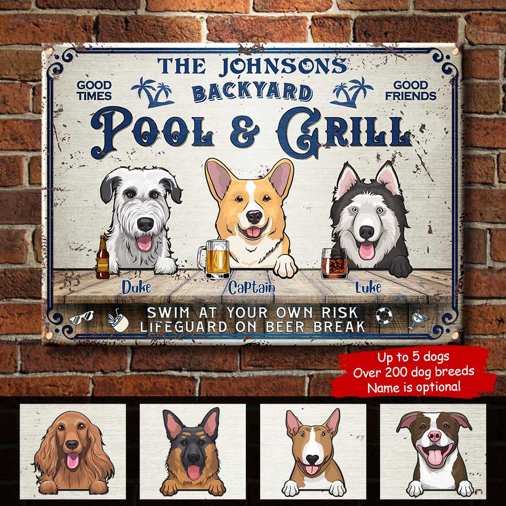 Backyard Pool & Grill - Funny Personalized Dog Metal Sign.