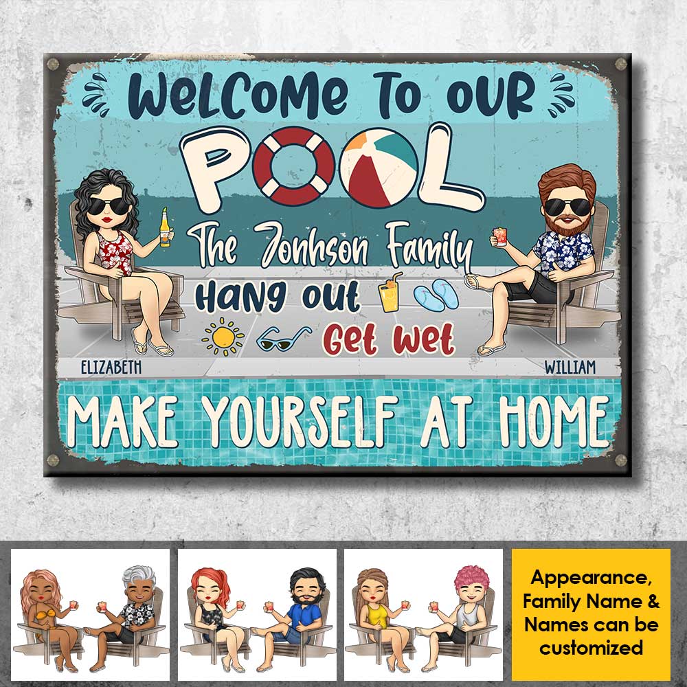Bienvenue à notre piscine - Détendez-vous, mouillez-vous et faites comme chez vous - Cadeau pour couples, mari et femme, plaque en métal personnalisée