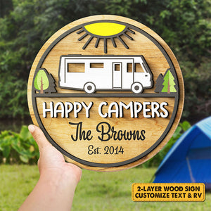 Family Happy Campers - Personalized Shaped Wood Sign, 2 Layers Sign - Gift For Camping Lovers