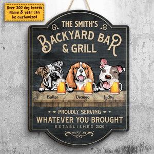 Family Backyard Bar & Grill - Gift For Dog Lovers, Personalized Shaped Door Sign.