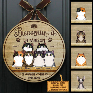 Bienvenue À La Maison - Plaque De Porte Humoristique De Chien À Personnaliser, Funny Personalized Cat Door Sign French.