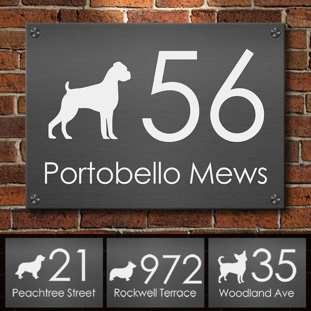 White Dog Silhouette Modern House Number - Personalized Metal Sign.
