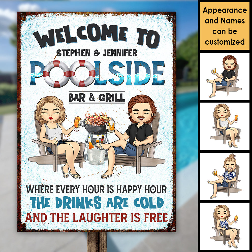 Bienvenue au Poolside Bar &amp; Grill – Plaque métallique personnalisée – Cadeau pour couple, mari et femme