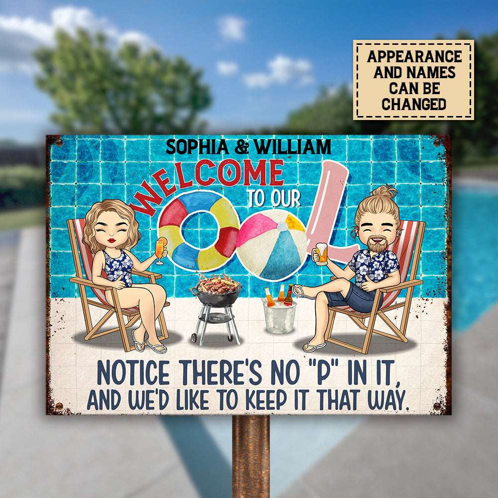 Bienvenue à notre piscine - Plaque métallique personnalisée - Cadeau pour couple, mari et femme
