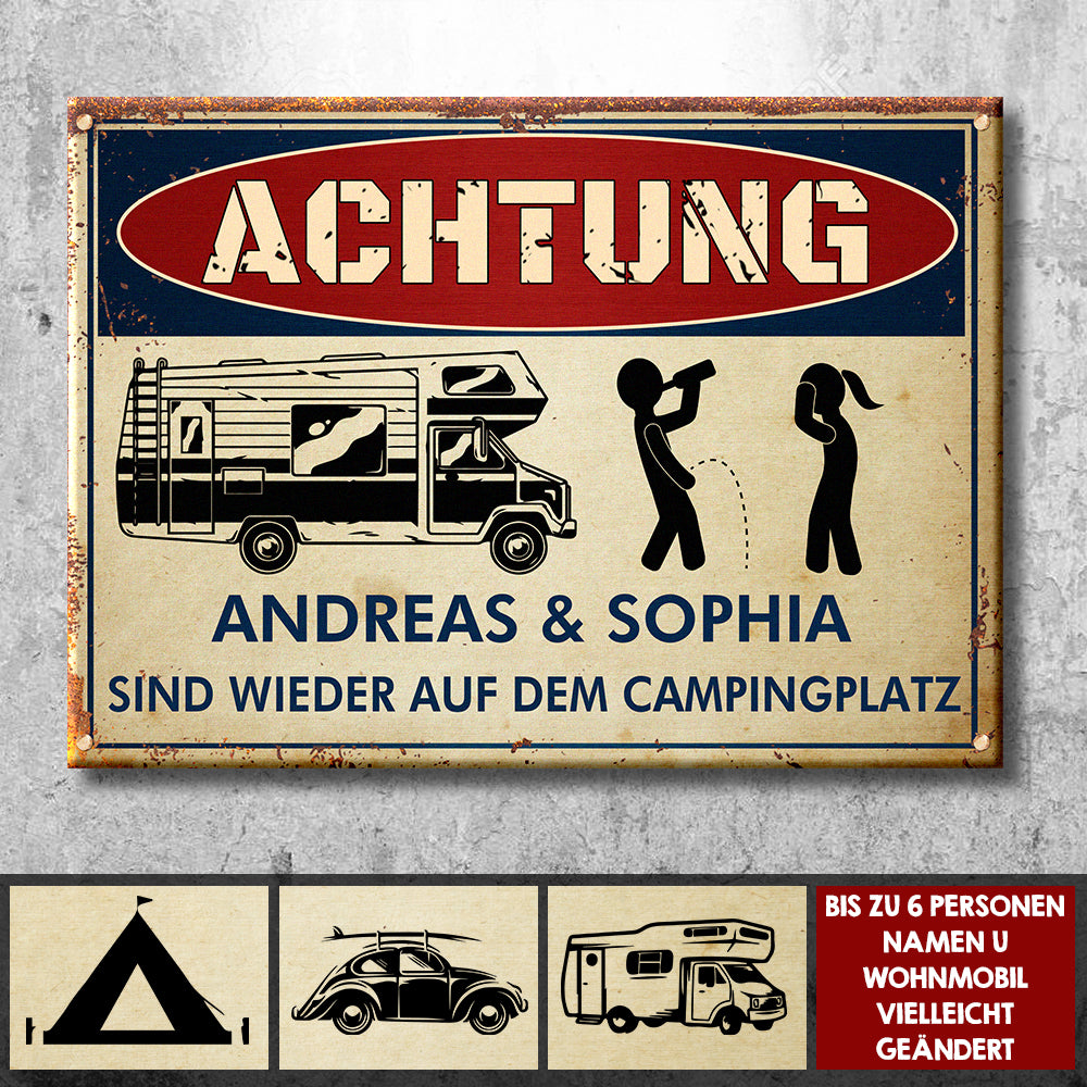 Betrunkene Camper Campen Wieder - Panneau métallique de camping personnalisé allemand