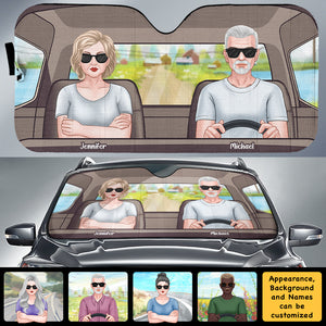 Mari et femme conduisant sur la route - Pare-soleil de voiture personnalisé - Cadeau pour couples, mari et femme