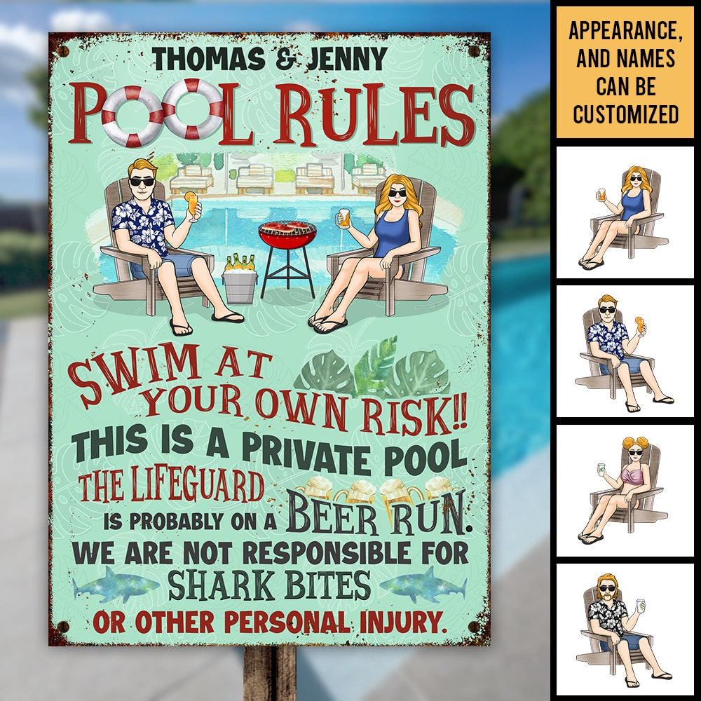Règles de la piscine privée familiale - Plaque en métal personnalisée - Cadeau pour couple, mari et femme