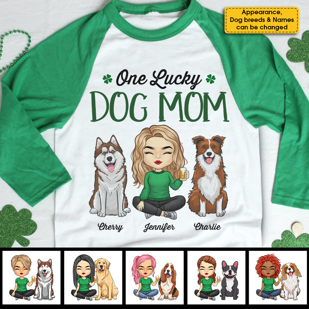 One Lucky Dog Mom, Girl Sitting - Personalized St. Patrick's Day Unisex Raglan Shirt.