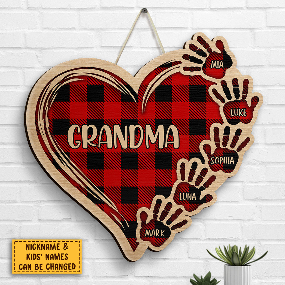 Grandma Plaid Heart And Hand Prints - Gift For Mom, Grandma - Personalized Shaped Wood Sign.