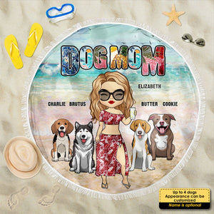 Maman chien, c'est l'heure de la plage ! Serviette de plage ronde personnalisée. Cadeau pour maman chien.
