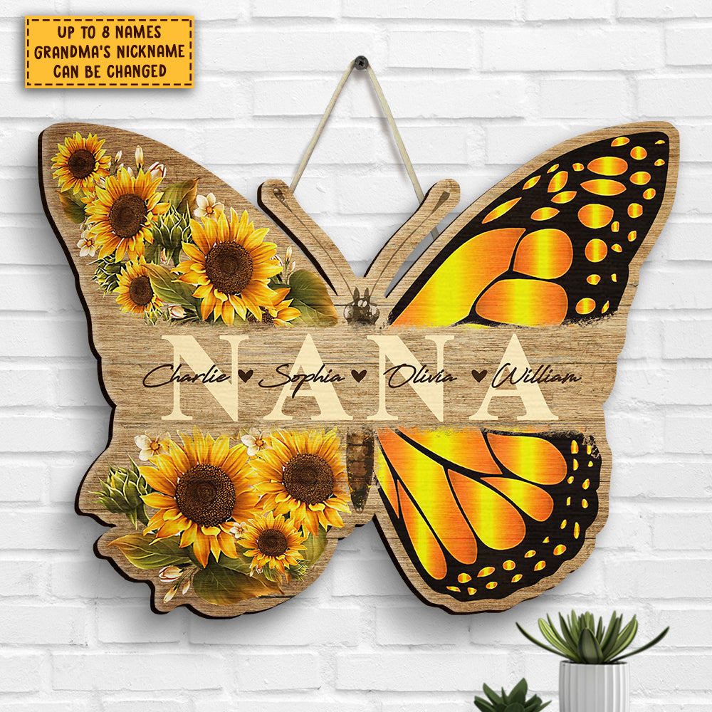 Grandma Butterfly And Kids - Gift For Grandma, Mom - Personalized Shaped Wood Sign.