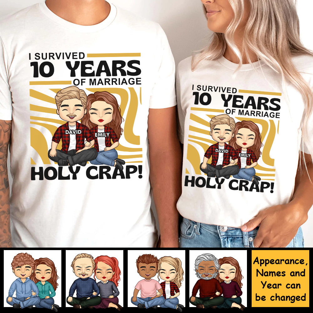 J'ai survécu à de nombreuses années de mariage - T-shirt unisexe personnalisé, sweat à capuche, sweat-shirt - Cadeau pour couple, mari, femme, anniversaire, fiançailles, mariage, cadeau de mariage