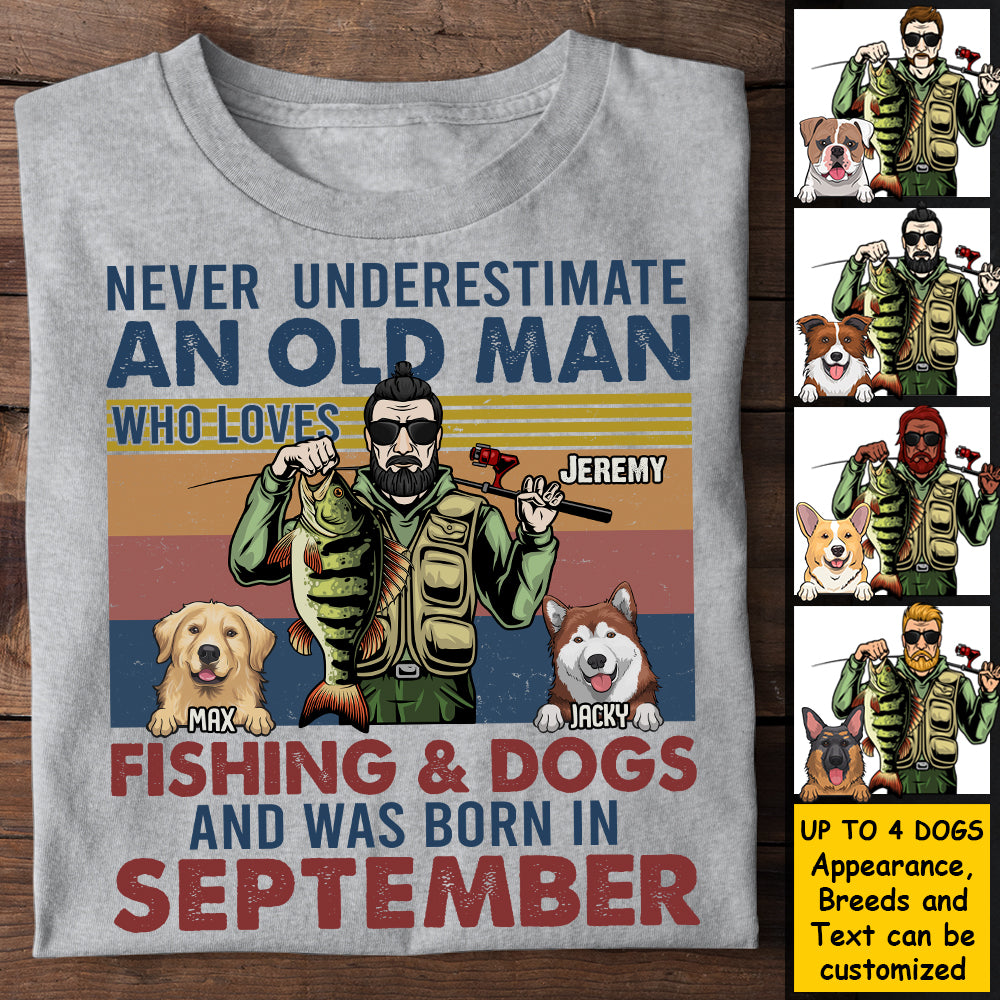 Un vieil homme aime la pêche et les chiens - T-shirt unisexe personnalisé, sweat à capuche - Cadeau pour papa ou grand-père pêcheur